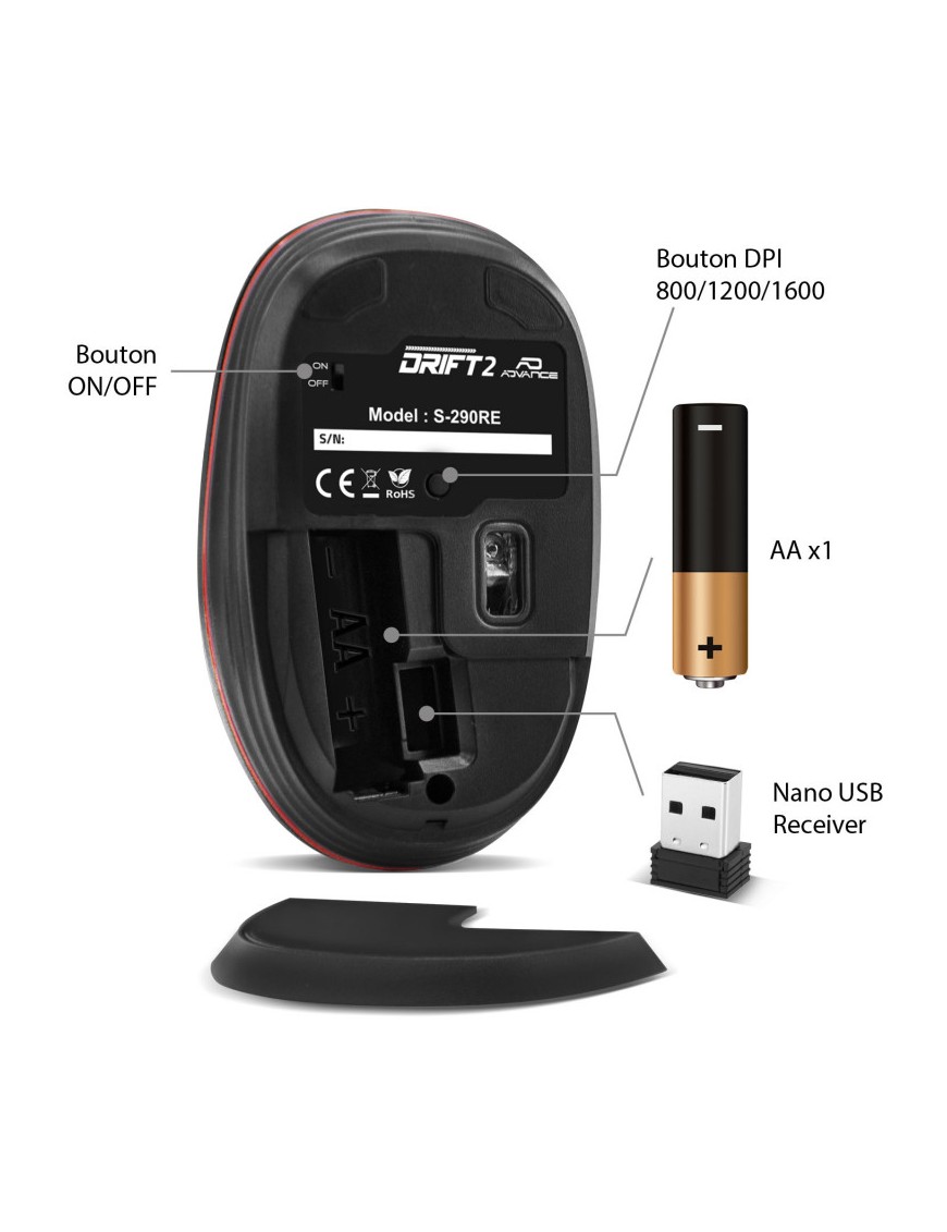 Souris Advance sans fil drift 2 RED ROUGE 1600DPI -Tunisie-Sousse