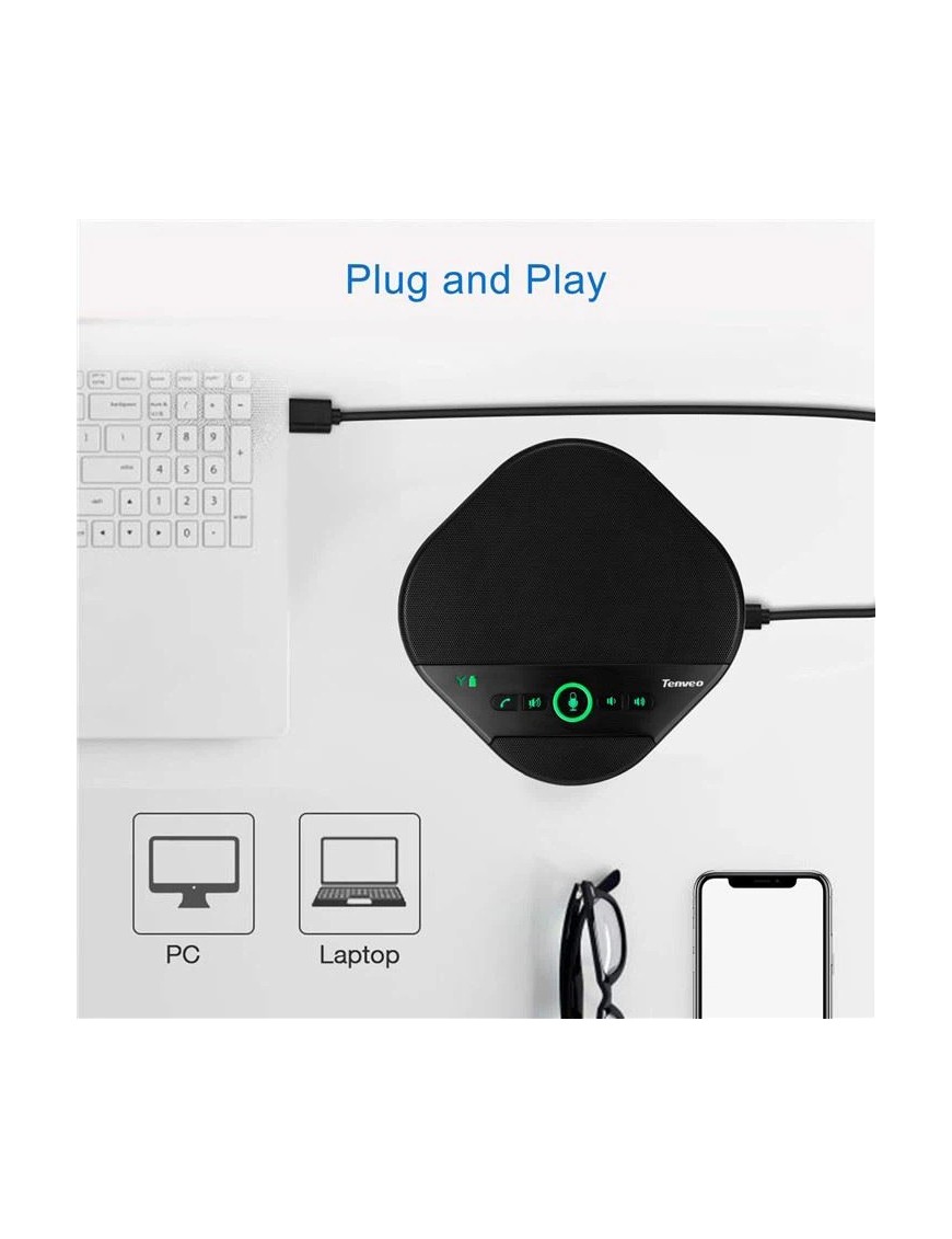 TENVEO Haut-parleur de conférence USB et haut-parleur 4 micros Prise de voix à 360 degrés Rayon de 8 m (32 pieds) avec 2 mini mi