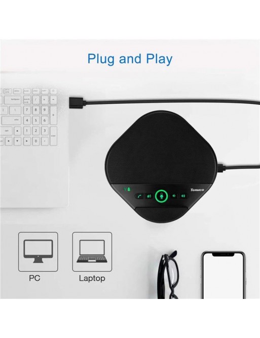 TENVEO Haut-parleur de conférence USB et haut-parleur 4 micros Prise de voix à 360 degrés Rayon de 8 m (32 pieds) avec 2 mini mi
